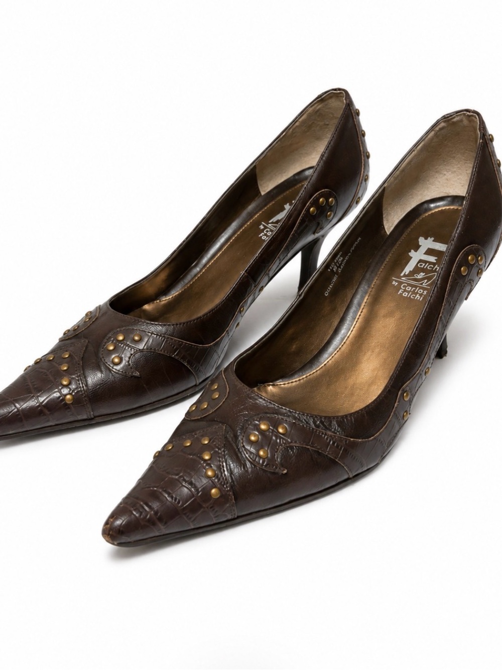 Carlos Falchi Brown Leather Studded Pointed-Toe Pumps Size 9.5